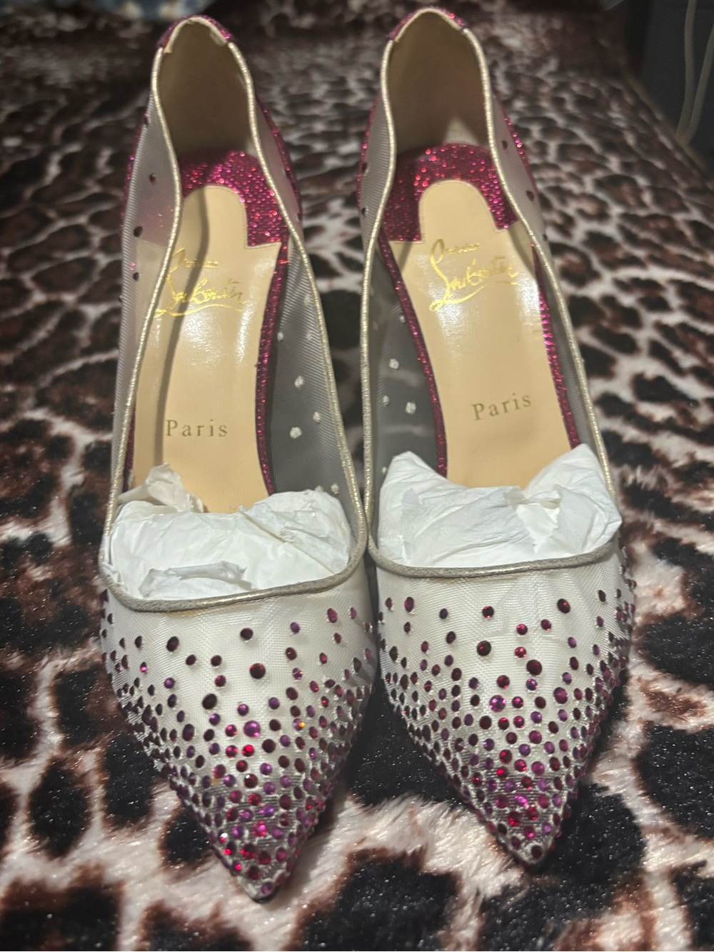 Christian Louboutin Nude Mesh Pumps with Pink Crystal Accents